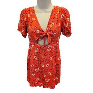FREE PEOPLE Red Jinx Ditsy Floral Tie Front Gauze Mini Dress Romper 6 summer EUC
